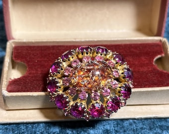 Vintage Austrian Art Glass Brooch – Pink Rhinestone Costume Jewelry