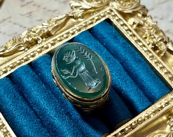 1990s Vintage Green Carved Statement Ring, Classical Figure Motif Ring, Artisan Unisex Ring