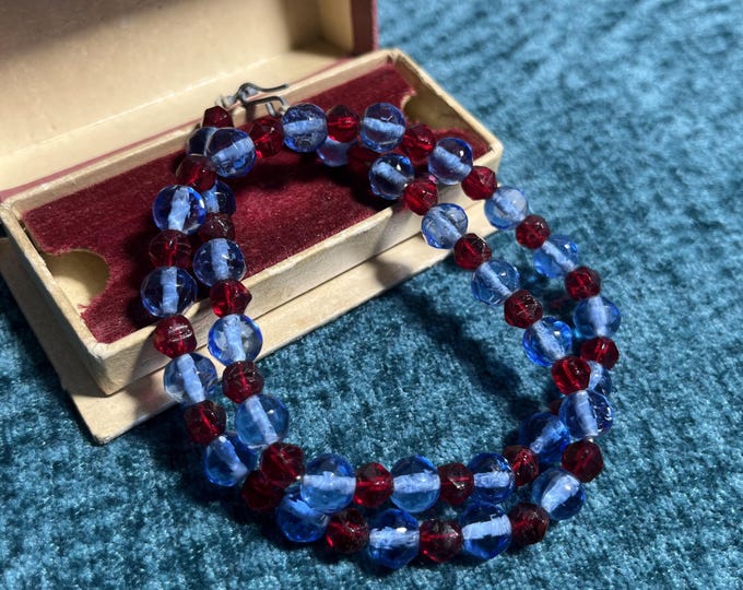 1950s Czech Glass Bead Necklace, Red & Blue Faceted Crystal Choker, Mid-Century Bohemian Vintage Jewelry