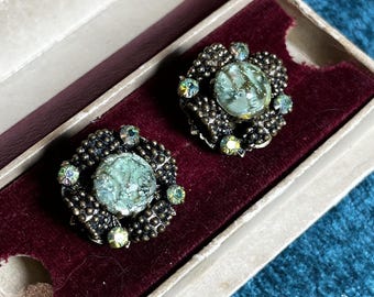Vintage West Germany Art Glass Clip Earrings Green Foil Glass Rhinestone Earrings 1960s