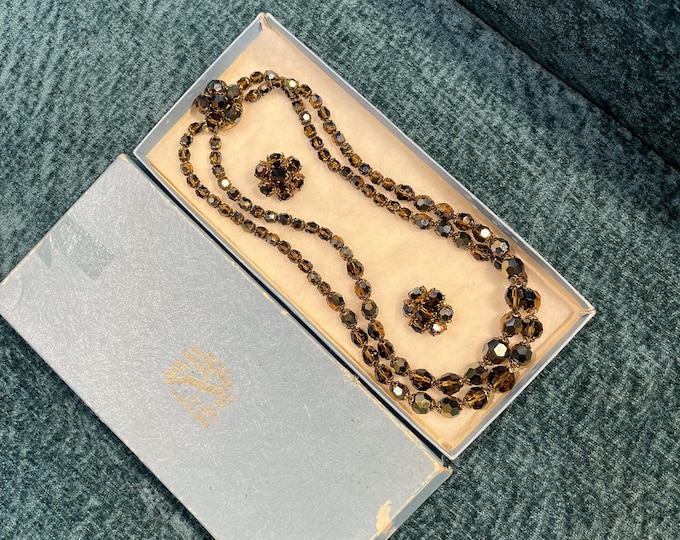 1950s West German Style Brown Aurora Glass Necklace & Clip-On Earrings Set . Vintage Demi Parure