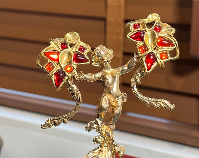 Micris Paris Vintage Clip On Earrings, Flame Cabochon, Gold Tone Statement Jewelry