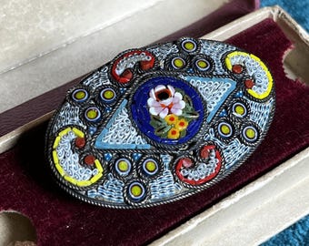Large Vintage Italian Micro Mosaic Brooch Roman Style Floral Mosaic Brooch Italy 1950s Grand Tour Style Jewelry