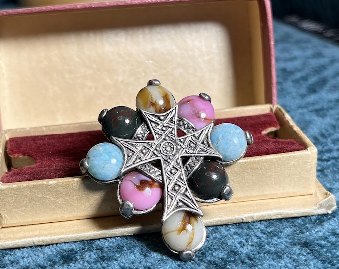 1960s Miracle Celtic Cross Brooch Pendant, Multicolor Glass Cabochons