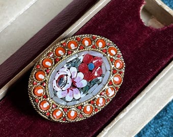 Vintage Italian Micro Mosaic Brooch Floral Mosaic Brooch Orange Border Italy 1960s Oval Brooch