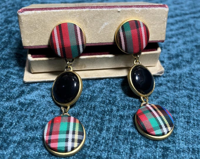Vintage Tartan Plaid Dangle Clip Earrings Resin Cabochon Statement Earrings Scottish Style Plaid Jewelry