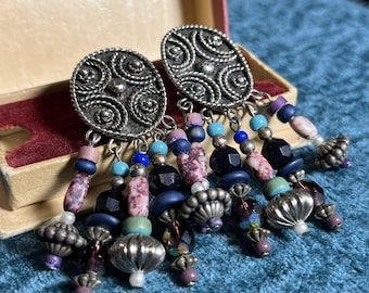 Bohemian Dangle Clip Earrings – Purple Pink Glass & Resin with Aurora Beads, 1990s American Vintage