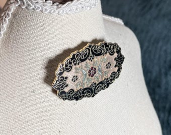 Fish & Crown Vintage Enamel Brooch 1980s Ornate Black Enamel Gold Tone Pin Classical Vintage Costume Jewelry