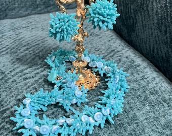 West Germany 1990s Patina Blue Resin Earrings & Necklace Set – Vintage Ocean Costume Jewelry