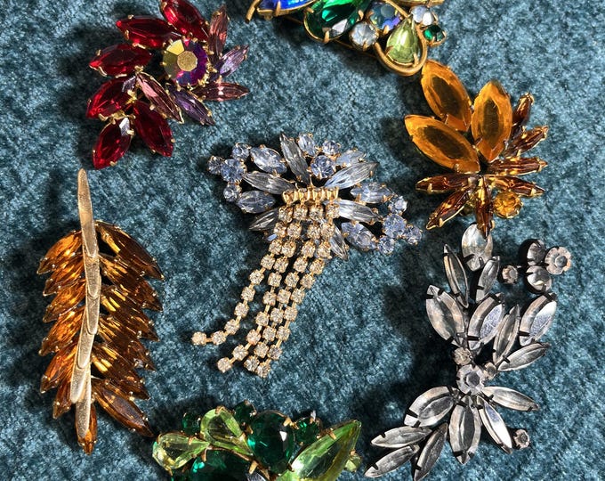 Vintage Czech Rhinestone Brooch Set, Mid Century Costume Jewelry