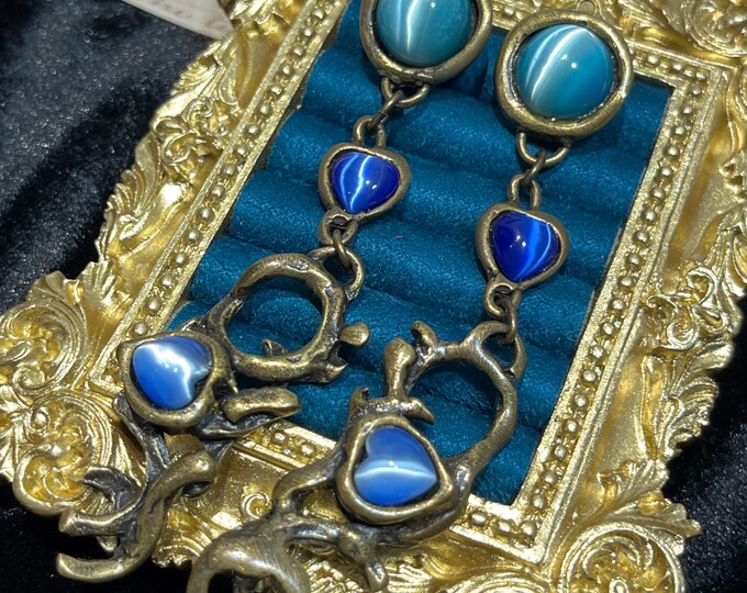 Loola Paris Blue Cat’s Eye Heart Dangle Earrings, 1990s French Vintage Costume Jewelry