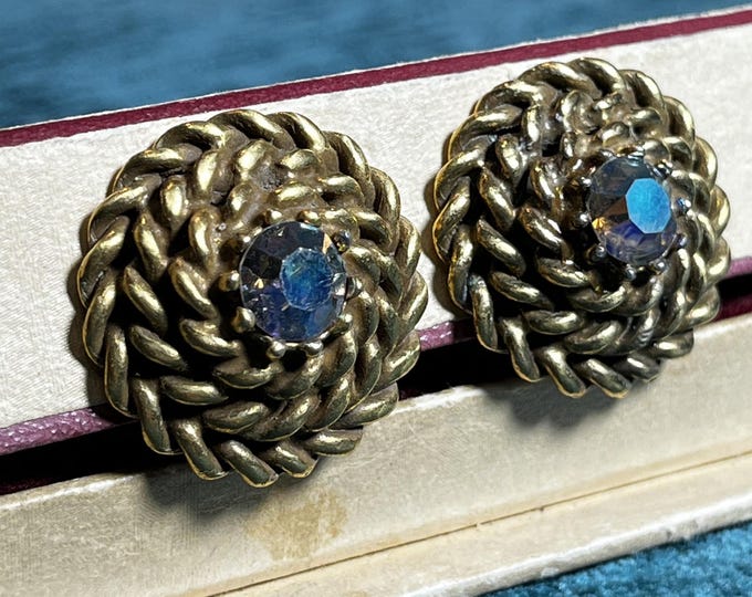 Vintage CORO Swirl Clip Earrings Gold Tone Rope Design Aurora Borealis Rhinestone 1950s