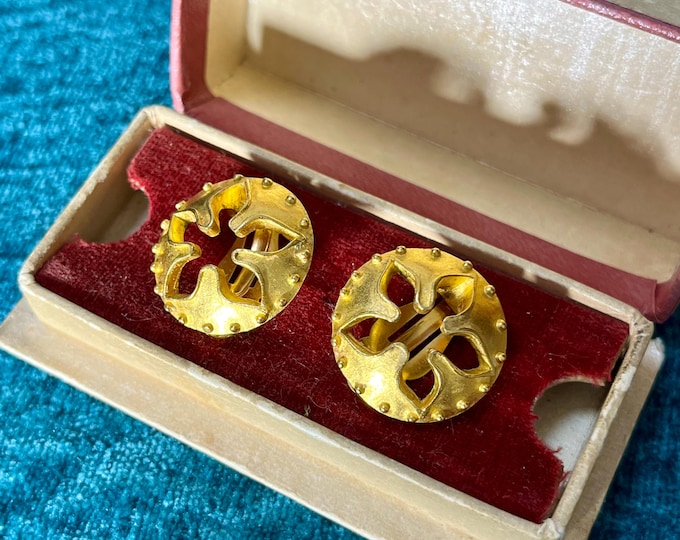 Taratata Clip On Earrings, French Vintage Gold Earrings, Signed Taratata Paris, 80s 90s Statement Clip Earrings, Designer Costume Jewelry