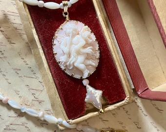 Pink Angel Cameo Necklace Vintage Shell Cameo Pendant Pearl Necklace Handmade 925 Silver Gilt Clasp