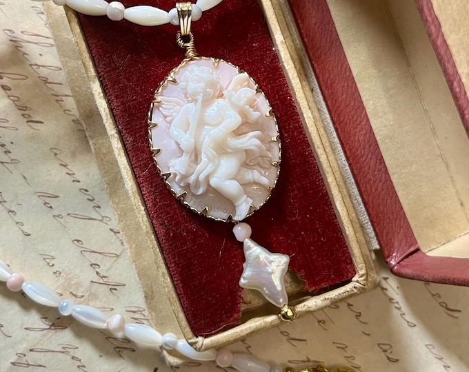 Pink Angel Cameo Necklace Vintage Shell Cameo Pendant Pearl Necklace Handmade 925 Silver Gilt Clasp