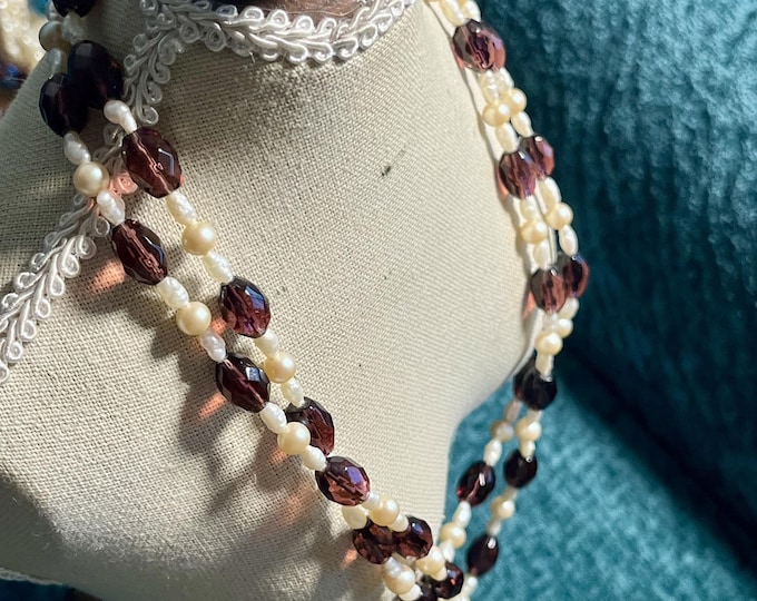 Vintage Amethyst Glass & Faux Pearl Necklace Layering Beaded Necklace Purple Glass Pearl Strand Necklace