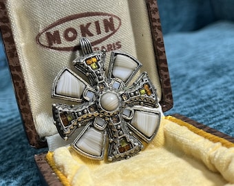 Vintage Miracle Cross Shield Pendant, Celtic Style Glass, Scotland Charm