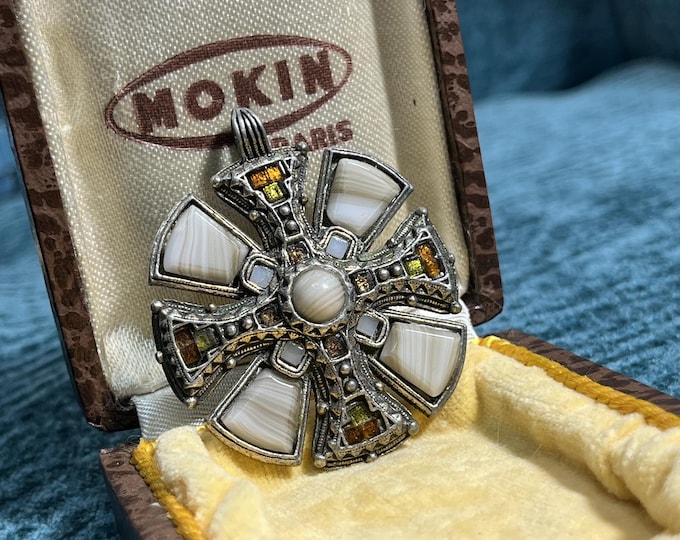 Vintage Miracle Cross Shield Pendant, Celtic Style Glass, Scotland Charm