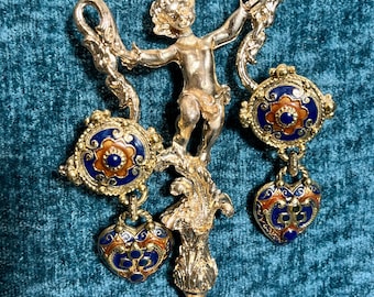 1990s French Enamel Clip On Earrings – Vintage European Scroll Heart Dangle Jewelry