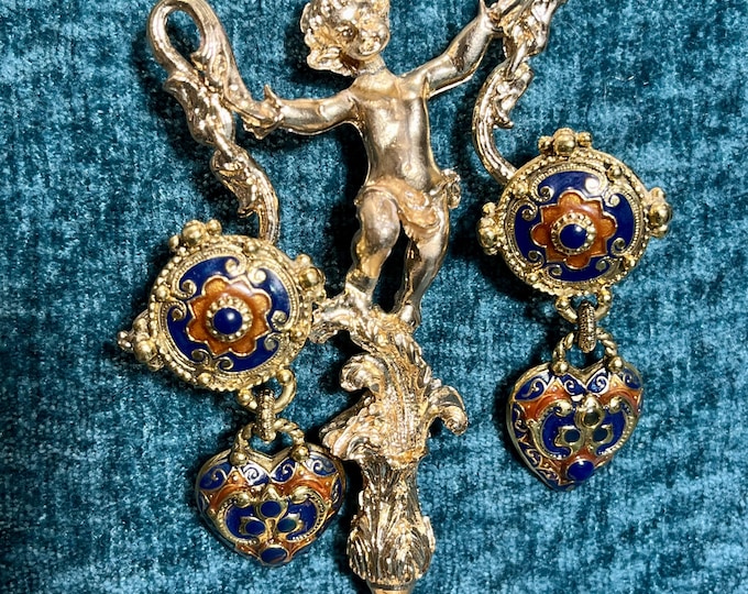 1990s French Enamel Clip On Earrings – Vintage European Scroll Heart Dangle Jewelry