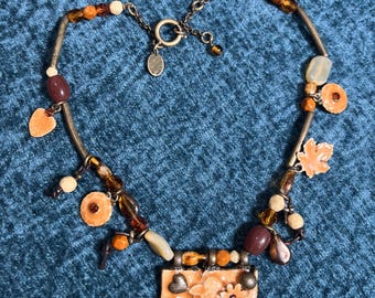 Brown Enamel Sycamore Leaf Necklace . Franck Herval . 2000s French Short Glass Enamel Vintage Jewellery