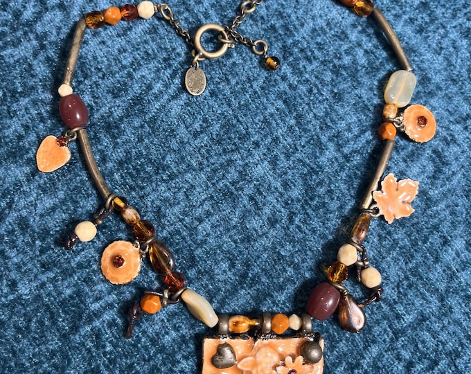 Brown Enamel Sycamore Leaf Necklace . Franck Herval . 2000s French Short Glass Enamel Vintage Jewellery