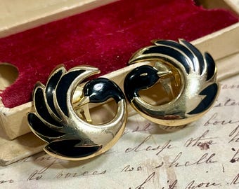 1980s Orena Paris Swan Clip-On Earrings Black Enamel Gold Tone French Designer Vintage Jewelry