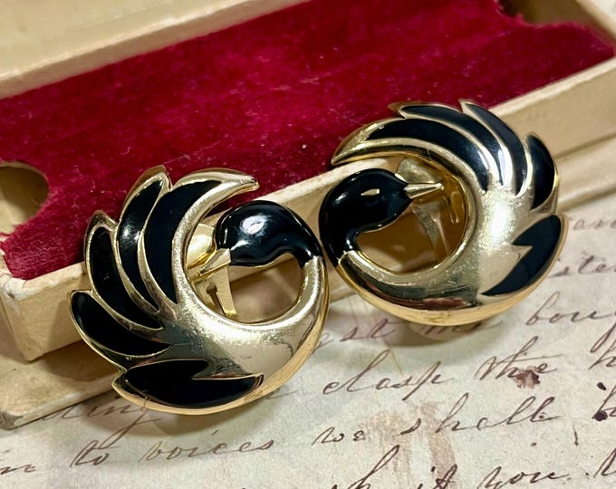 1980s Orena Paris Swan Clip-On Earrings Black Enamel Gold Tone French Designer Vintage Jewelry