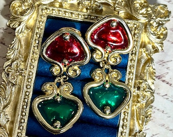 Vintage Enamel Drop Earrings Art Nouveau Style Red Green Statement Clip On Earrings