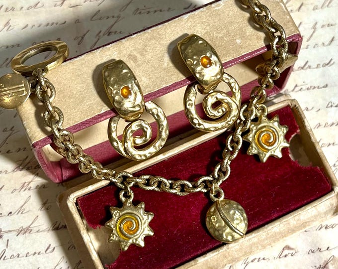 Vintage Jacques Esterel Paris Jewelry Set Bracelet and Clip Earrings Gold Tone Enamel Charm Bracelet 1960s French Designer