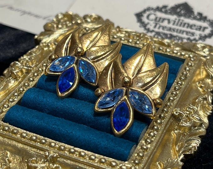 Vintage GHIS Clip Earrings Blue Crystal Leaf Earrings French Designer Jewelry Ghis La Ginestière