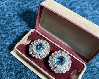 1928 Vintage 1990’s Sky Blue Rhinestone Clip-On Earrings, Elegant Open-Back Nostalgic Jewelry