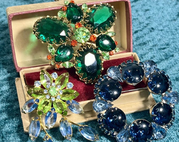 1960s Rhinestone Flower Brooch Set, Mid Century Costume Jewelry