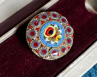 Vintage Italian Micro Mosaic Brooch Millefiori Star Border Round Mosaic Brooch Italy 1960s