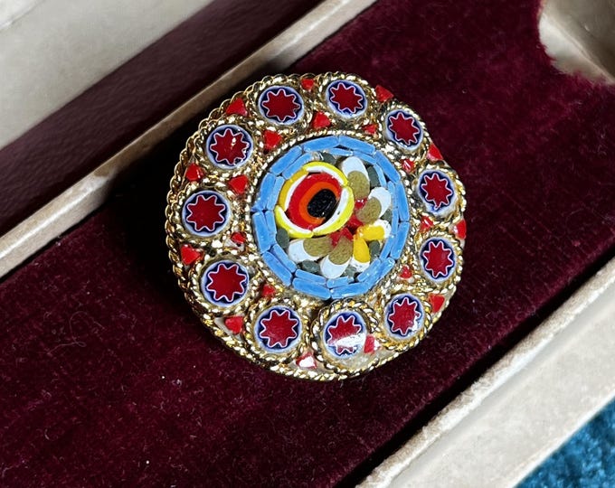 Vintage Italian Micro Mosaic Brooch Millefiori Star Border Round Mosaic Brooch Italy 1960s
