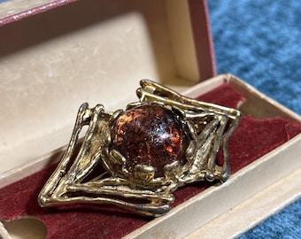 ENTRE GUILLEMETS Vintage 1990s Gothic Brooch, Brown Lava Glass Cabochon, French Art Jewellery