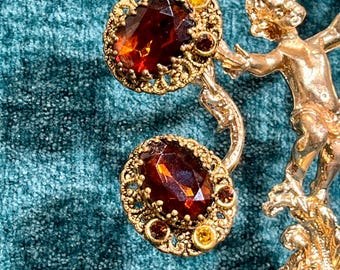 1960s West Germany Clip-On Earrings, Amber Rhinestone Filigree Jewelry