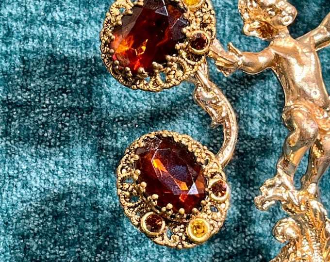 1960s West Germany Clip-On Earrings, Amber Rhinestone Filigree Jewelry