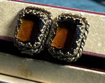 Vintage West Germany Smoky Topaz Glass Clip Earrings Rope Frame Faceted Glass Earrings 1960s
