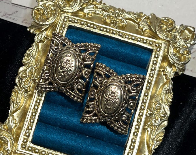 Vintage Gil d'Agena Clip Earrings French Baroque Filigree Earrings Bronze Tone Statement Earrings