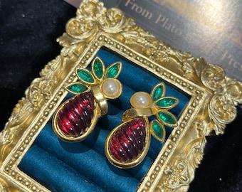 Vintage Jelly Resin Fruit Clip Earrings Red Resin Enamel Leaf Statement Earrings 1980s