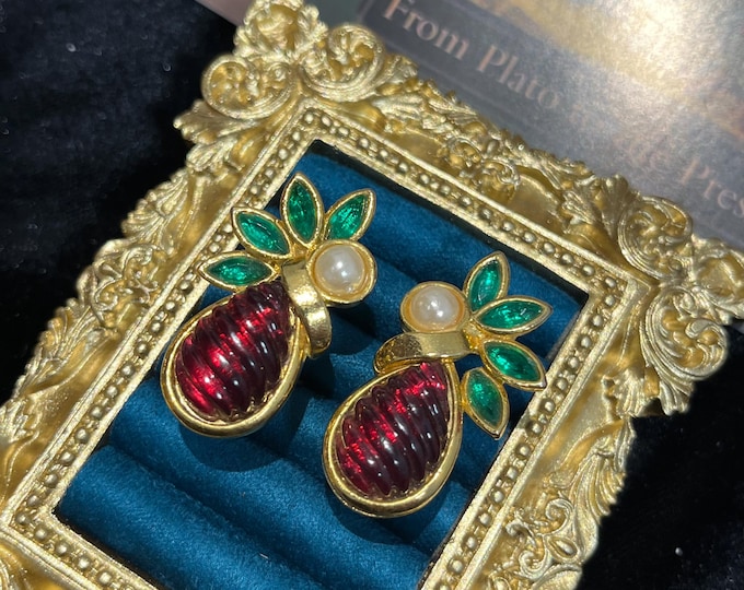 Vintage Jelly Resin Fruit Clip Earrings Red Resin Enamel Leaf Statement Earrings 1980s