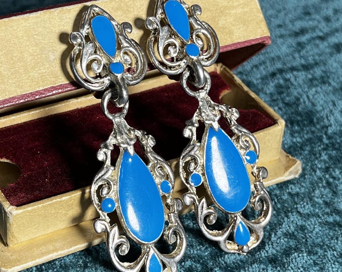 Vintage Blue Enamel Dangle Clip Earrings Silver Tone Scrollwork Drop Earrings Victorian Revival Style