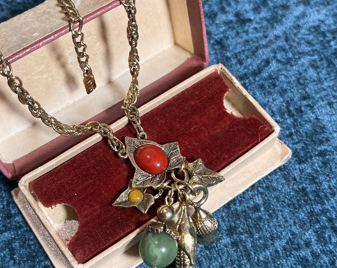 Vintage 1928 1990s Fall Harvest Necklace Maple Leaf Corn Acorn Pendant Autumn Thanksgiving Jewelry