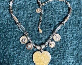 Y2K Enamel Heart Angel Necklace . Statu Quo Nice . 90s White Glass Vintage Jewellery