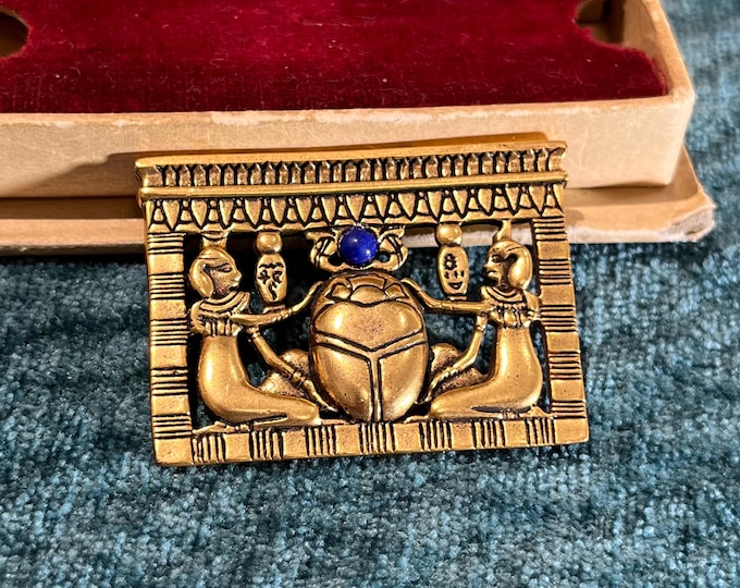MAD Museum Egyptian Revival Scarab Brooch, Tutankhamun Inspired Museum Replica Pin, Vintage Gold Tone Egyptian Jewelry