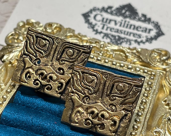 Vintage Beast Motif Clip On Earrings Bronze Style Mask Statement Earrings