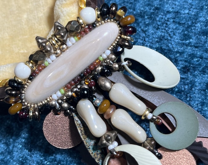 Chipita Vintage 1990s Dangle Tassel Brooch, Stone & Art Glass Pin, Bohemian Handcrafted USA Jewellery