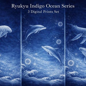 Okinawan Indigo Sea Art Set of 3｜Dolphin Dugong Whale Triptych｜Japanese Ocean Wall Art｜Digital Download