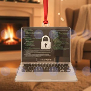 May include: Laptop-shaped ornament with a red ribbon for hanging. The screen displays a padlock icon and lines of code. The text "Your Name" is below the screen. The keyboard is visible at the bottom of the ornament.